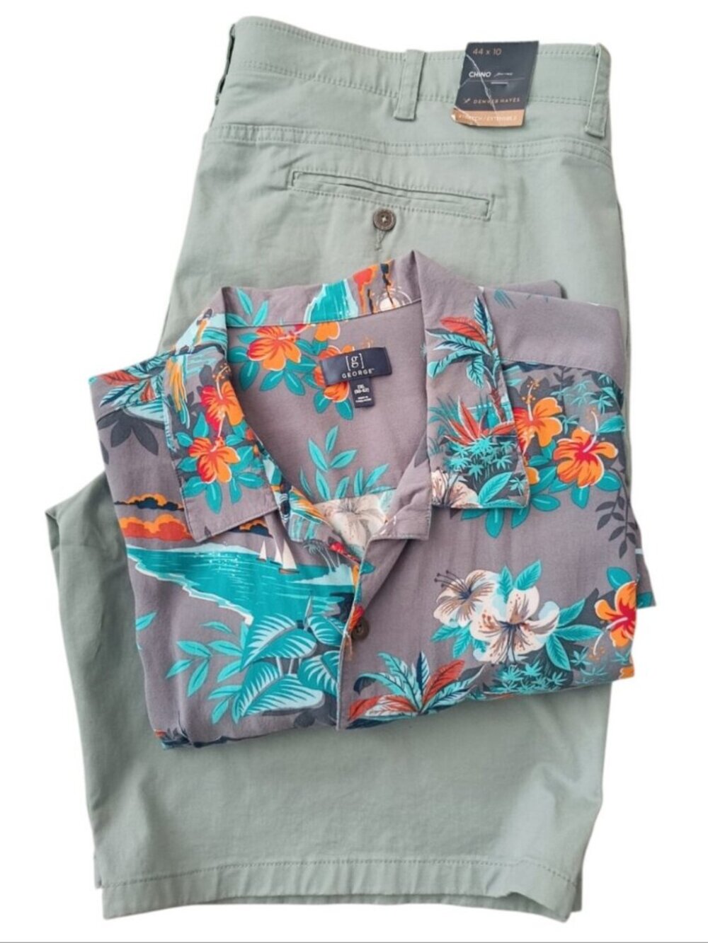 Denver Hayes Mint Green Flat-Front Men's Chino Shorts + 2XL🌴Tropical Shirt